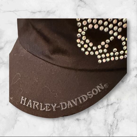 Harley-Davidson Black Military Cap Hat Rhinestone Skull Logo Women’s Biker - Picture 2 of 7